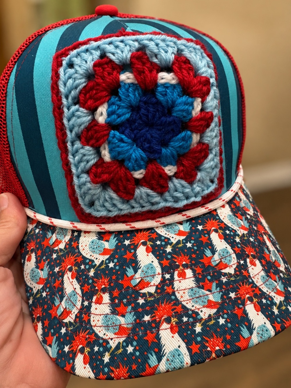 Handmade Crochet Patch Trucker Hat in Red, Blue, White